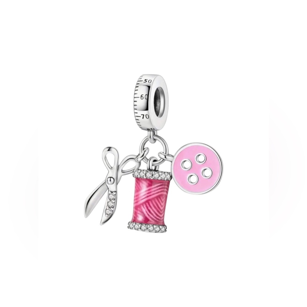 S925 Pink Silver Sewing Thread Scissors Charm Pandora Style